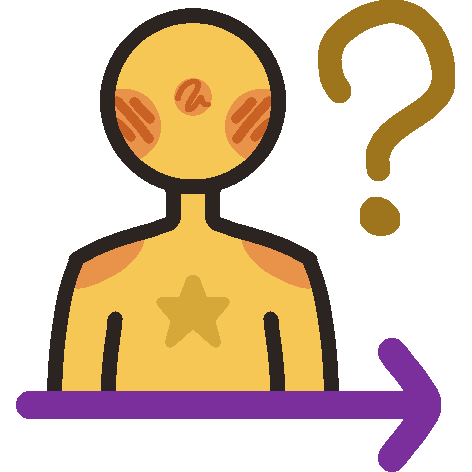 A nondescript yellow person with a star on their chest is positioned above a rightward-pointing purple arrow and a yellow question mark to the right of the person. 